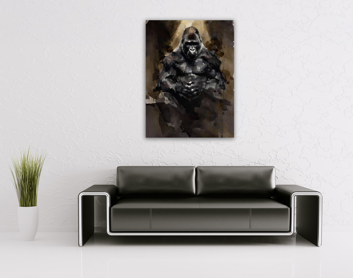 214-1810-wohnzimmer-Gorilla-in-nachdenklicher-Haltung-praesentation-sammlungspraesentation
