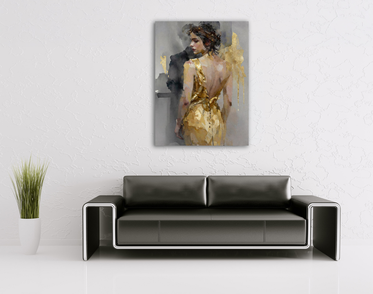 206-1829-wohnzimmer-frau-in-goldenem-Kleid-bild-kaufen-bilderrahmen