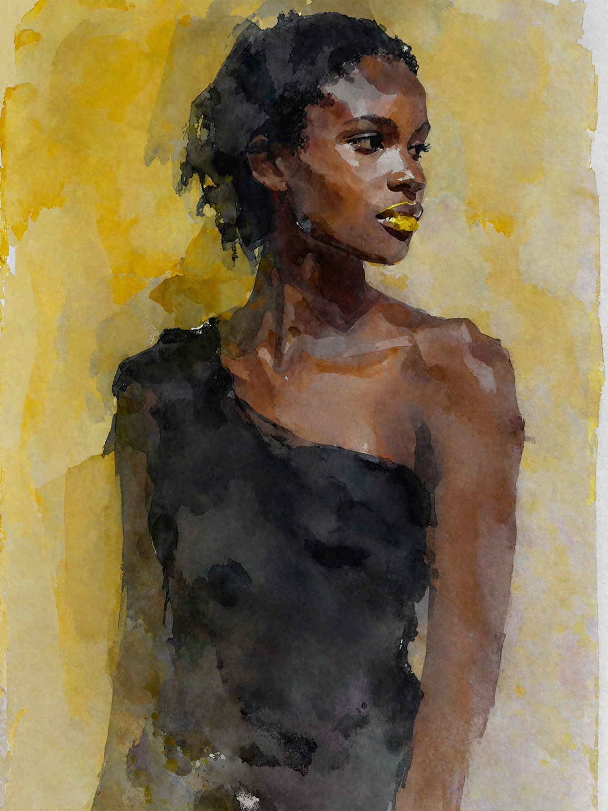 206-1839-afroamerikanisches-Mädchen-in-schwarzem-Kleid-vor-gelbem-Hintergrund-gerahmt-handsigniert.jpg