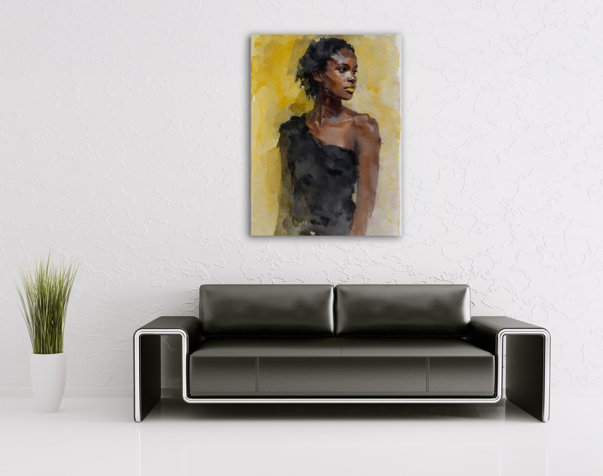 206-1839-wohnzimmer-afroamerikanisches-Mädchen-in-schwarzem-Kleid-vor-gelbem-Hintergrund-gerahmt-handsigniert