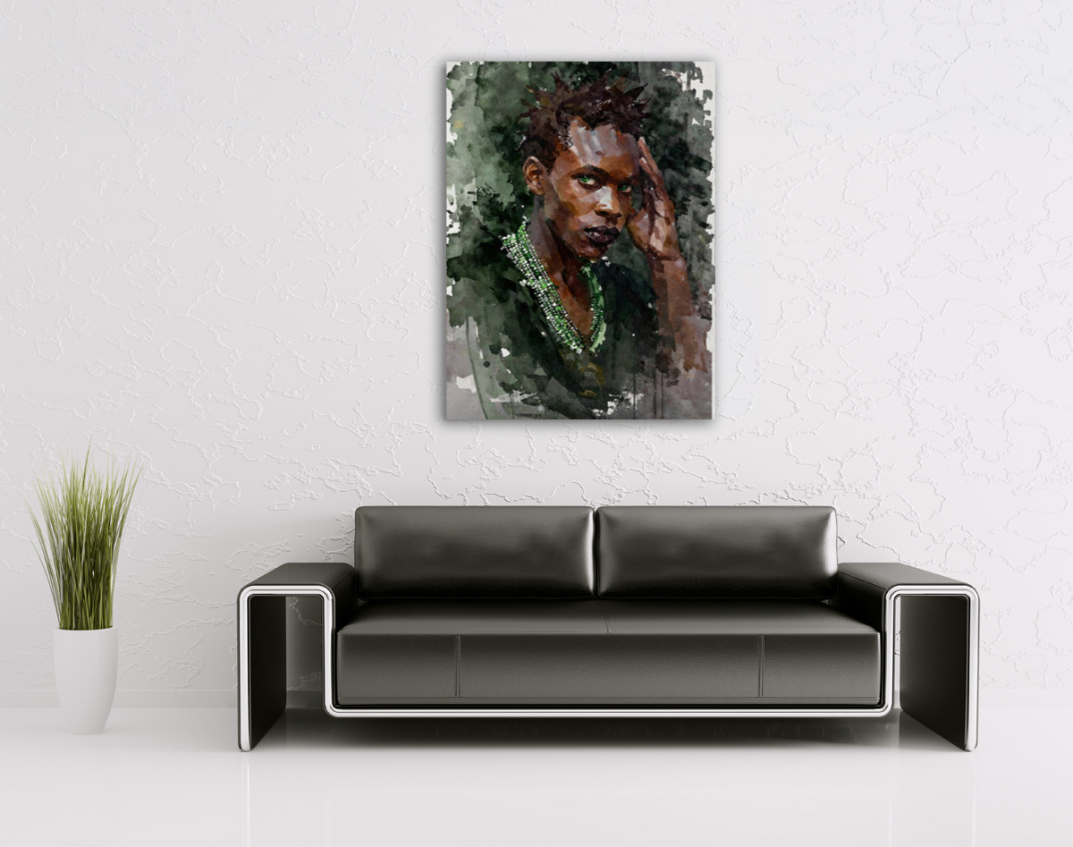 206-1846-wohnzimmer-afrikanischer-Junge-mit-gruenen-Augen-und-Perlen-kunstbilder-leinwanddrucke