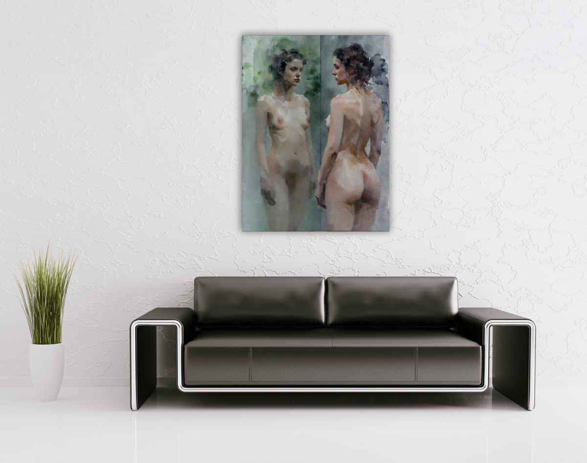 206-2088-wohnzimmer-nackte-Frau-im-Spiegel-vor-gruenem-bilderrahmen-wohnasseccoires