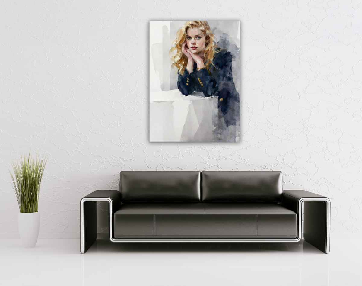 206-1848-wohnzimmer-Blondine-im-Blazer-am-Tisch-kunstdrucke-auf-leinwand-limitiert