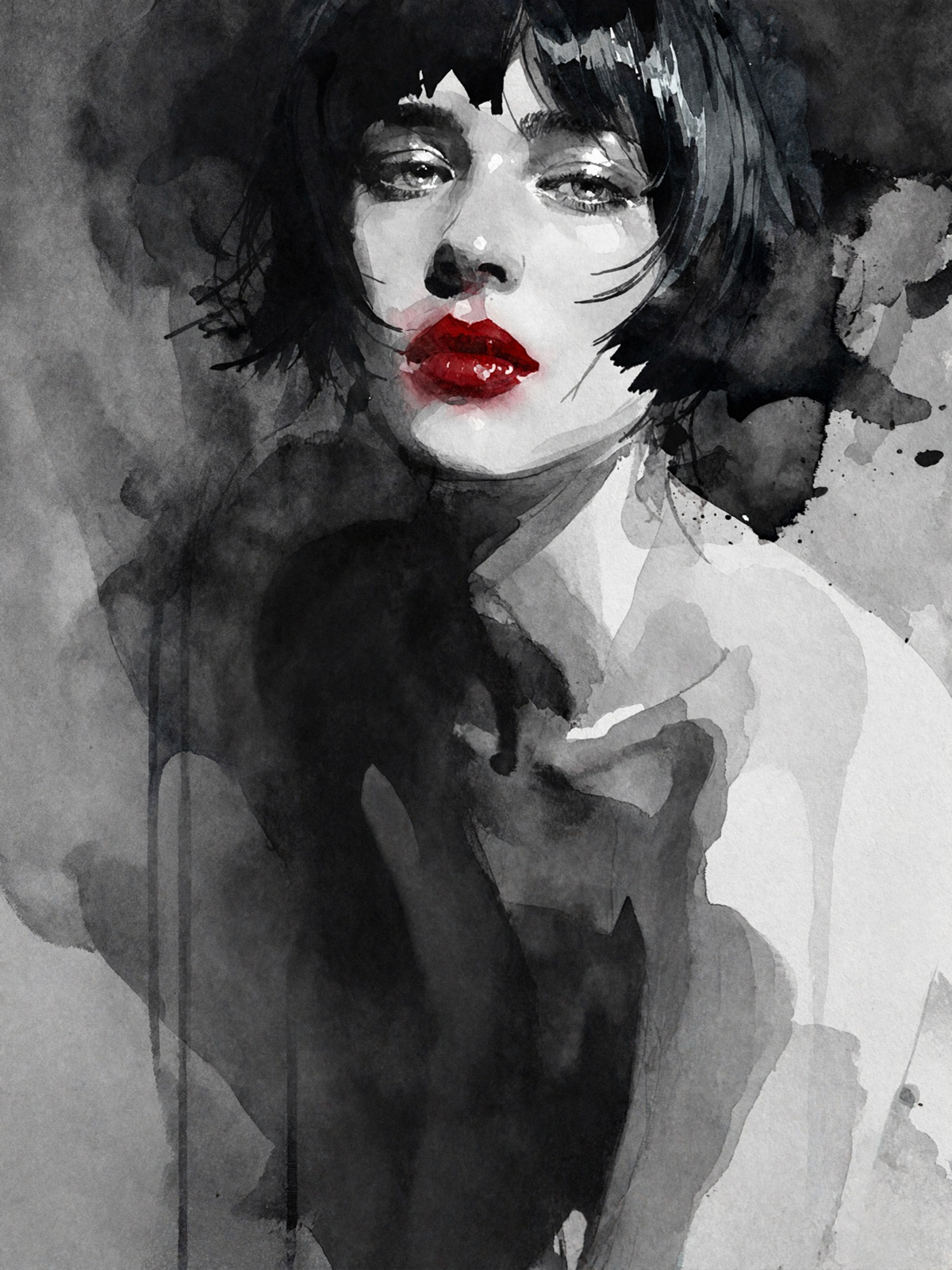 206-1863-Maedchen-mit-roten-Lippen-Aquarelltechnik-wandbilder-wohnzimmerwand.jpg