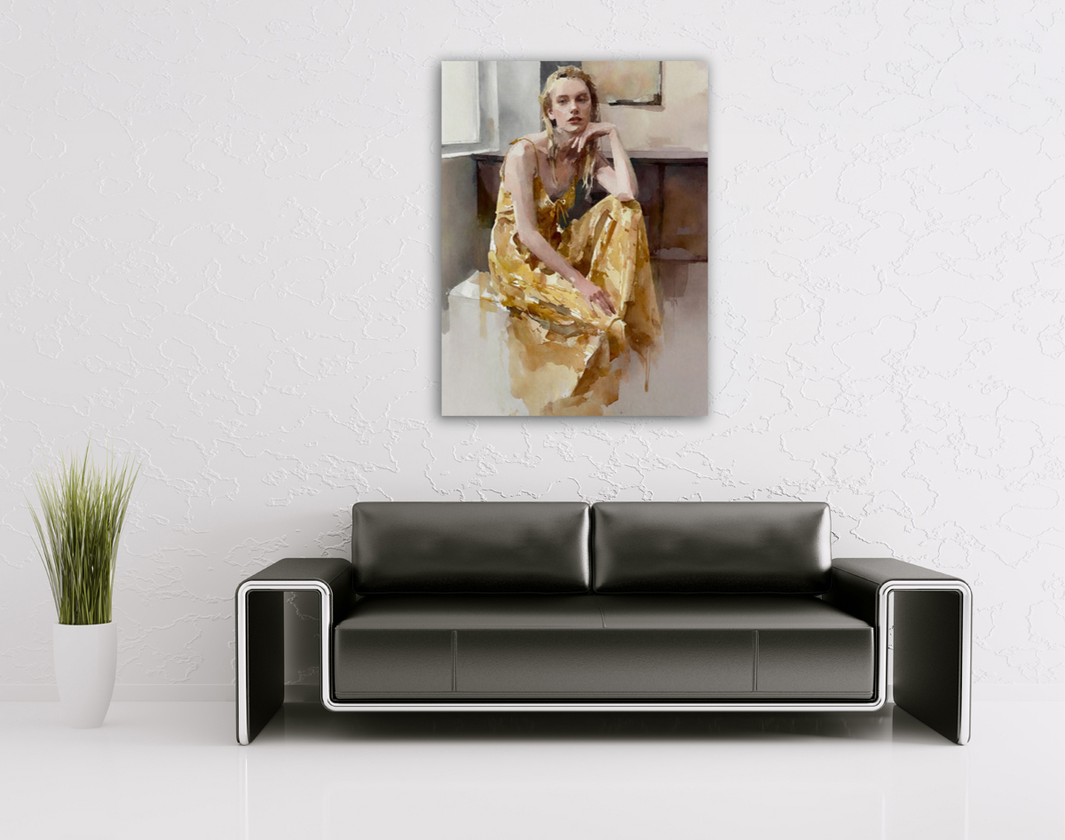 206-1880-wohnzimmer-blondes-Maedchen-in-gelbem-Kleid-bild-kaufen-wandbilder-xxl