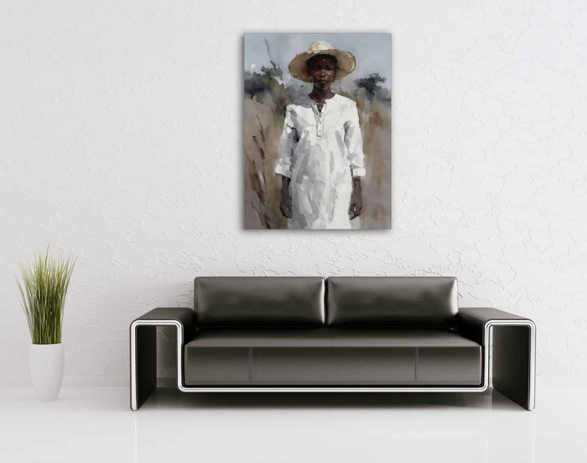 206-1911-wohnzimmer-dunkelhaeutiges-Maedchen-in-weißem-Kleid-mit-Strohhut-beruehmter-kuenstler-abstrakte-kunst