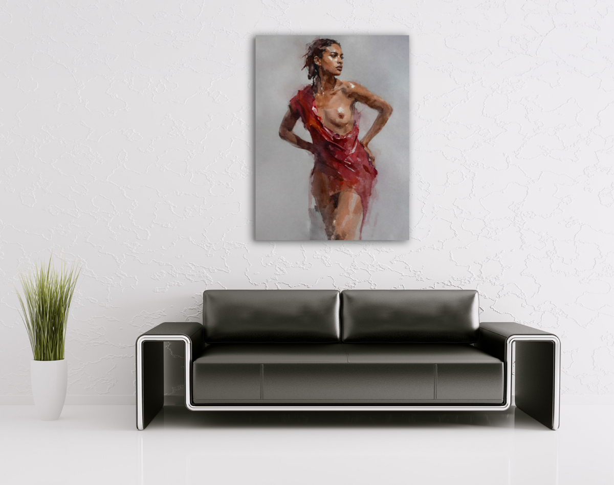 206-2056-wohnzimmer-dunkelhaeutige-Frau-mit-nackter-Brust-in-rotem-Kleid-glasbilder-galerie