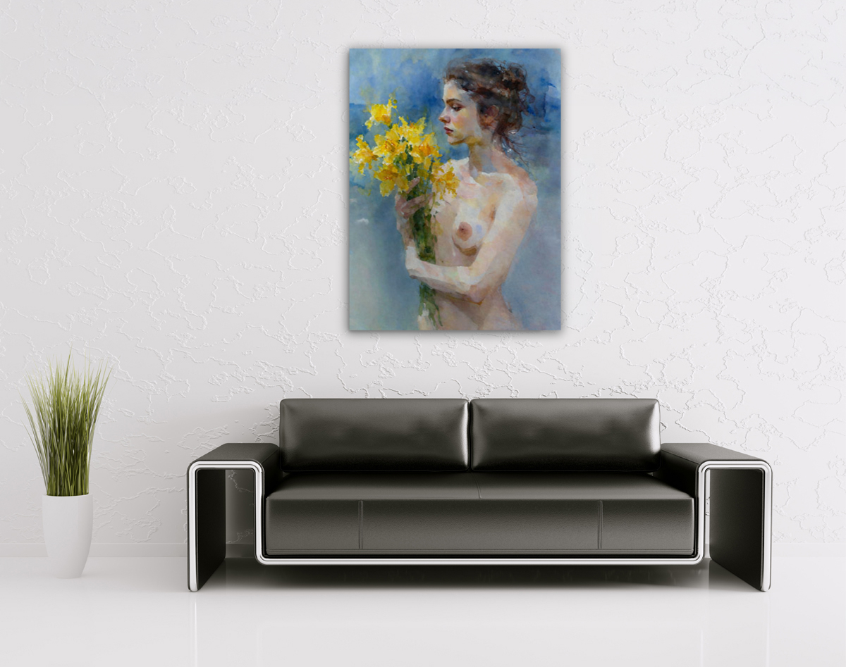 206-2031-wohnzimmer-nackte-Frau-mit-Blumenstrauss-kunstdruck-poster
