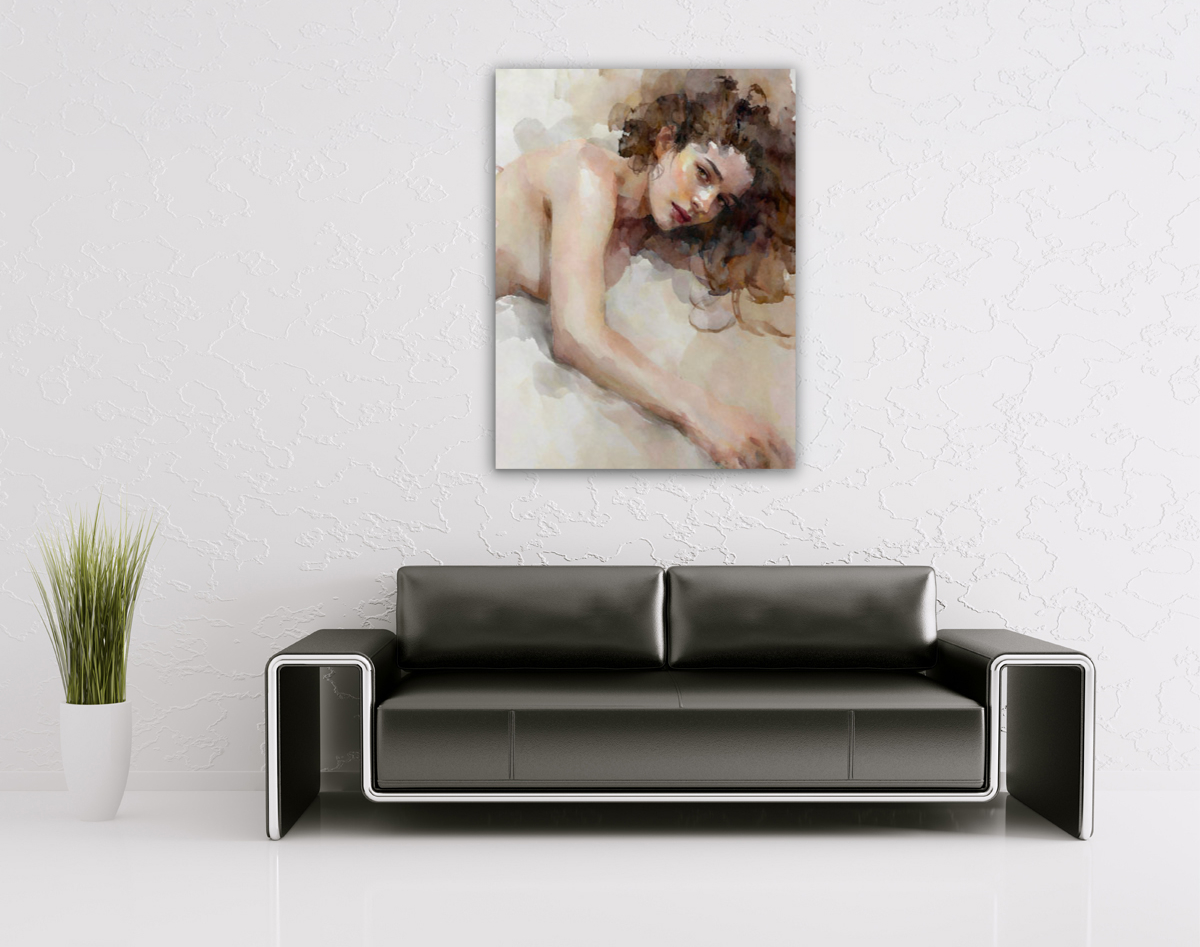 206-2033-wohnzimmer-nackte-bruenette-Frau-im-Bett-kunstdruck-waehlbare-groessen