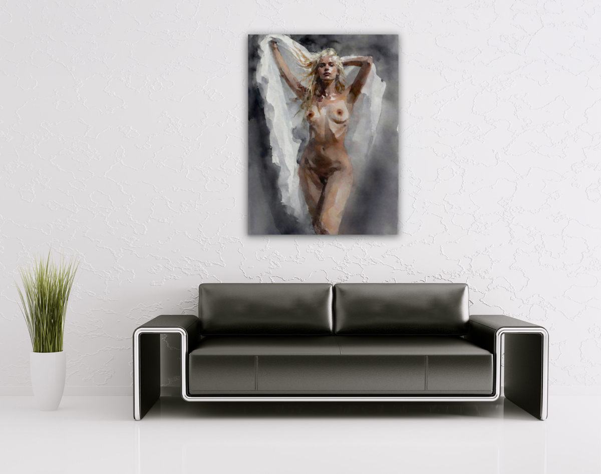 206-2041-wohnzimmer-nackte-Frau-in-einem-weissen-Umhang-poster-wandbilder-xxl