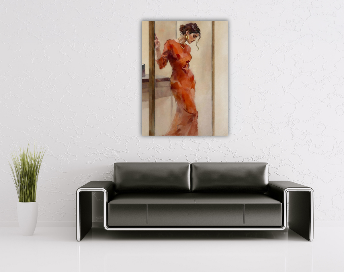206-1982-wohnzimmer-elegante-Frau-in-Rot-leinwanddruck-express-druck