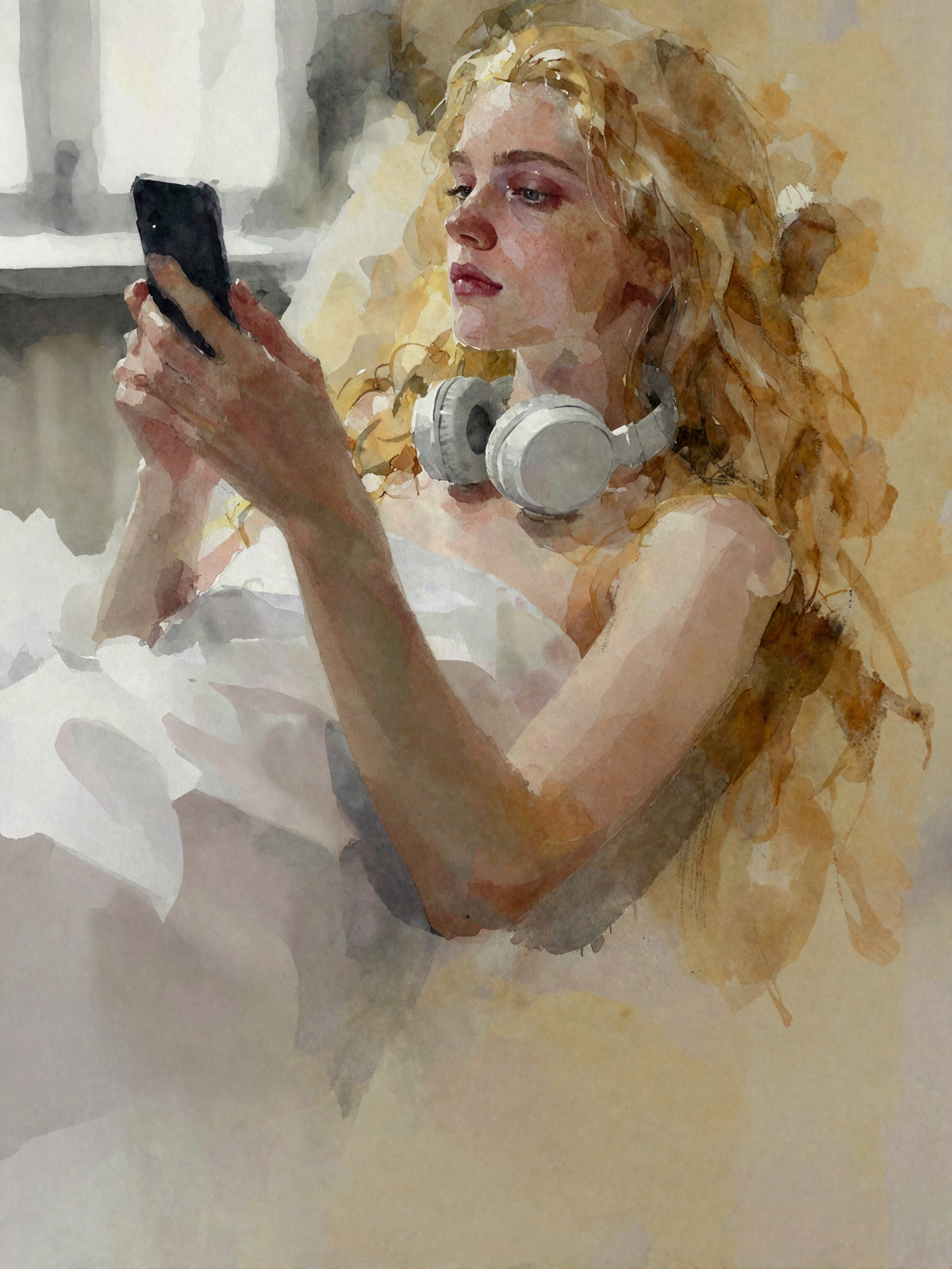 206-1836-Blondine-im-Bett-mit-Handy-und-Kopfhörern-galleries-glasbild