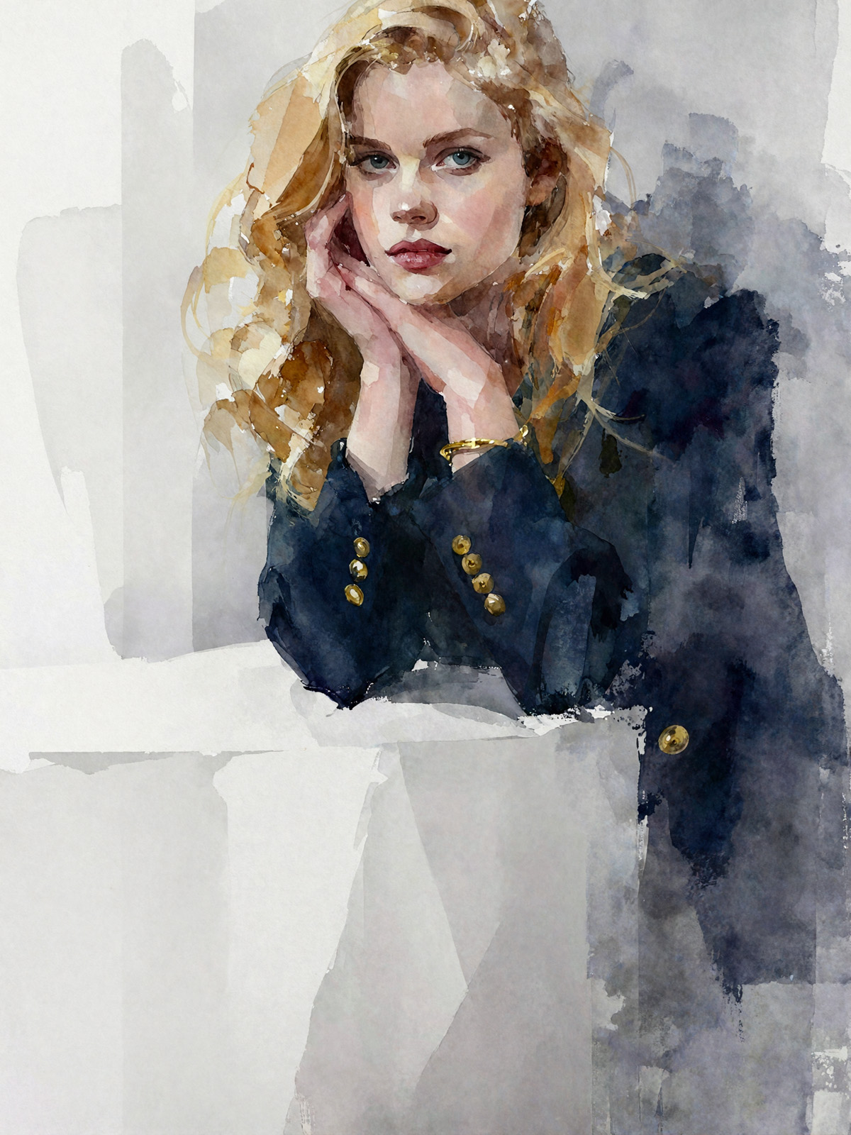 206-1848-Blondine-im-Blazer-am-Tisch-kunstdrucke-auf-leinwand-limitiert