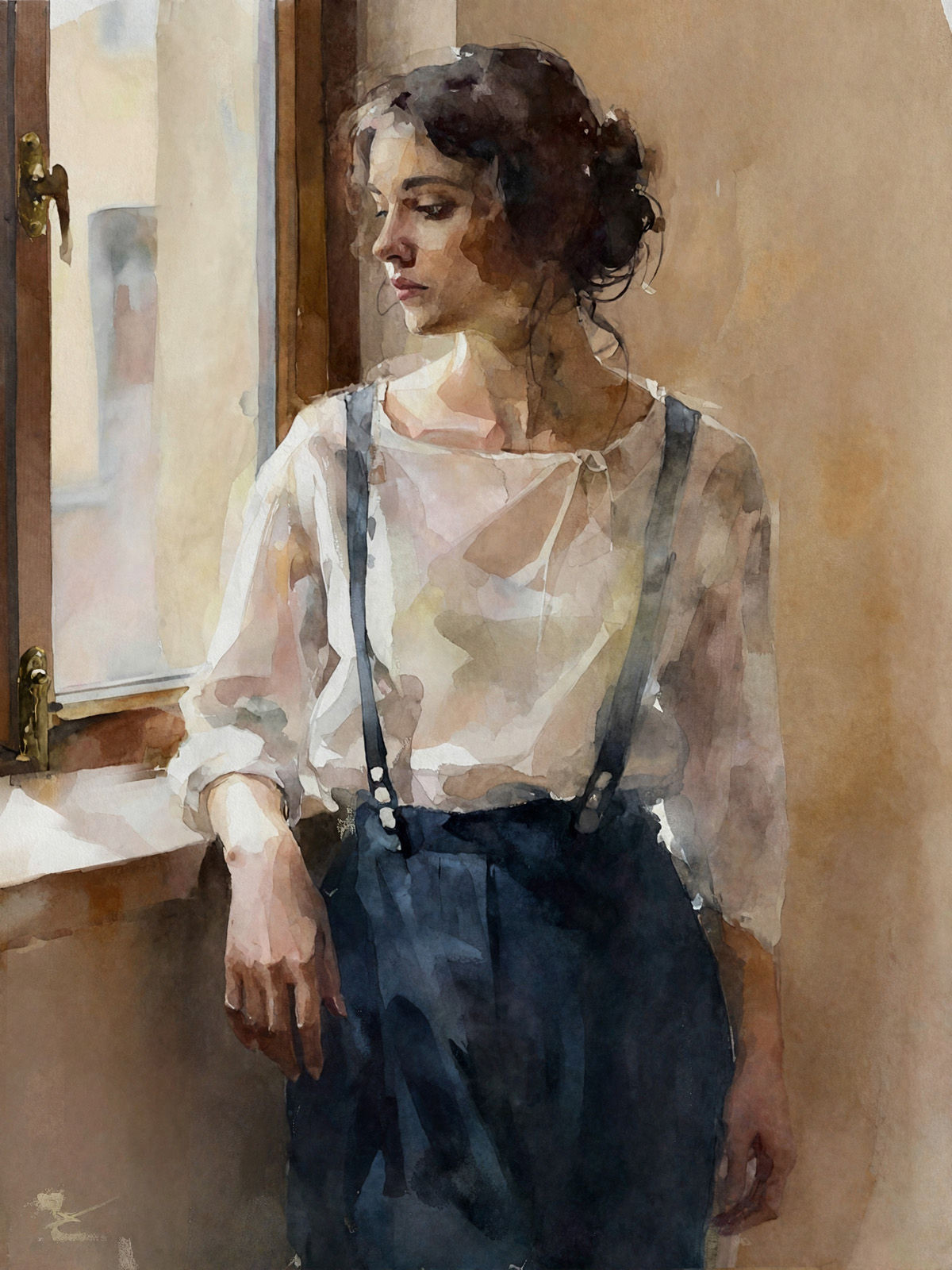 206-1987-huebsches-Maedchen-am-Fenster-retro-kunst-impressionismus