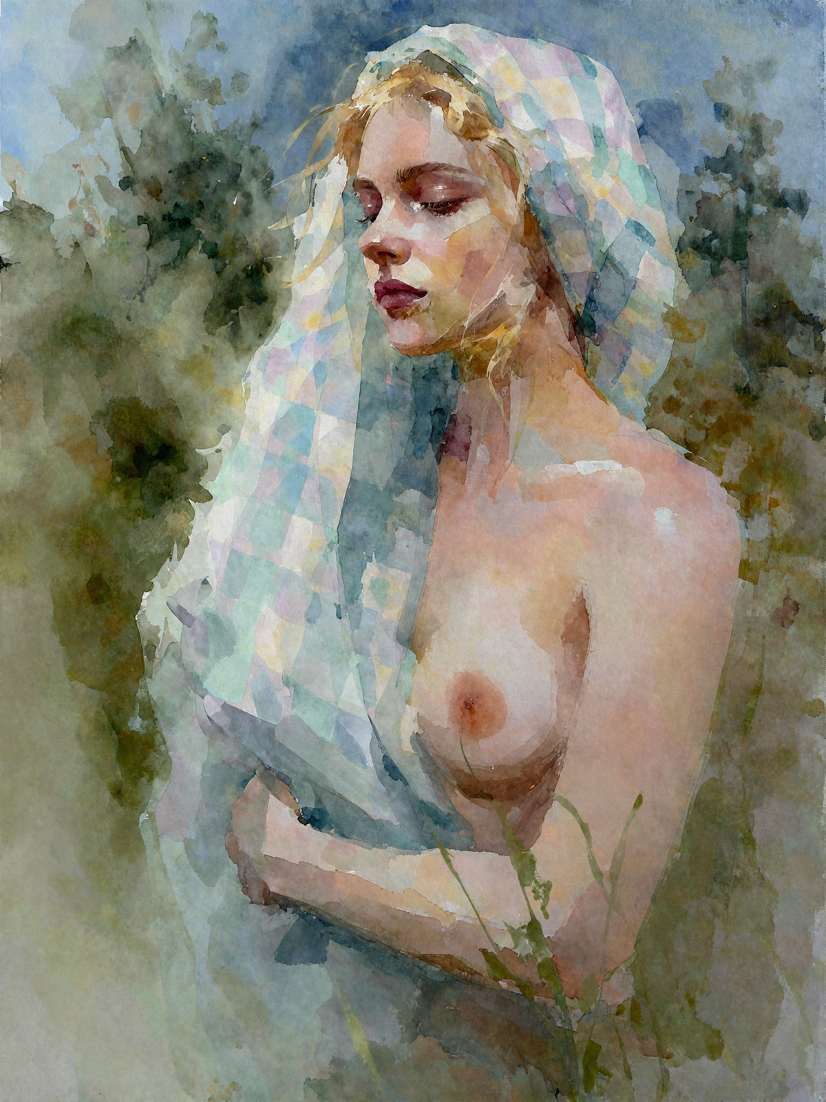206-2038-Frau-mit-nackter-Brust-auf-Feld-kunstdruck-individuelle-motive