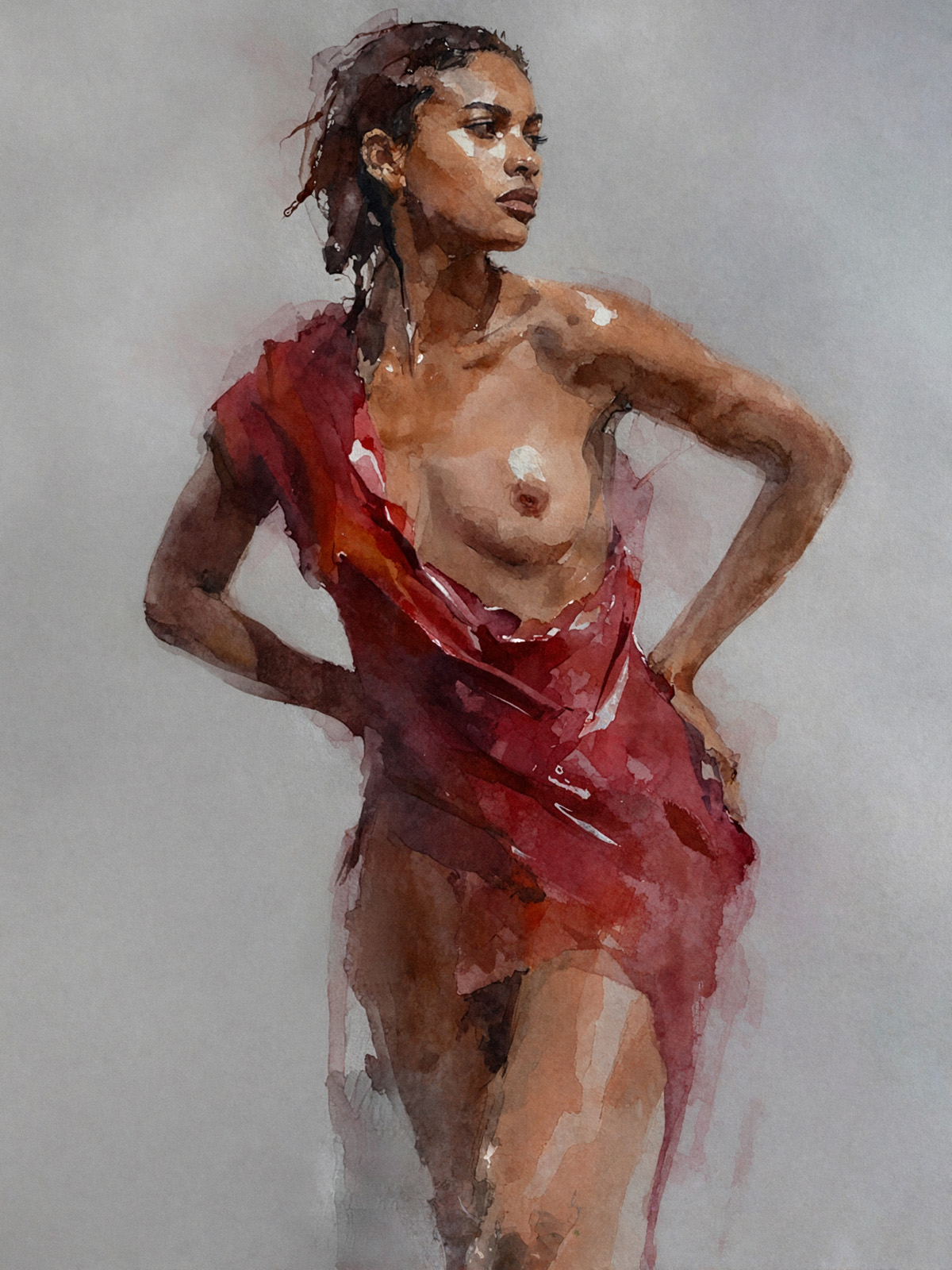 206-2056-dunkelhaeutige-Frau-mit-nackter-Brust-in-rotem-Kleid-glasbilder-galerie